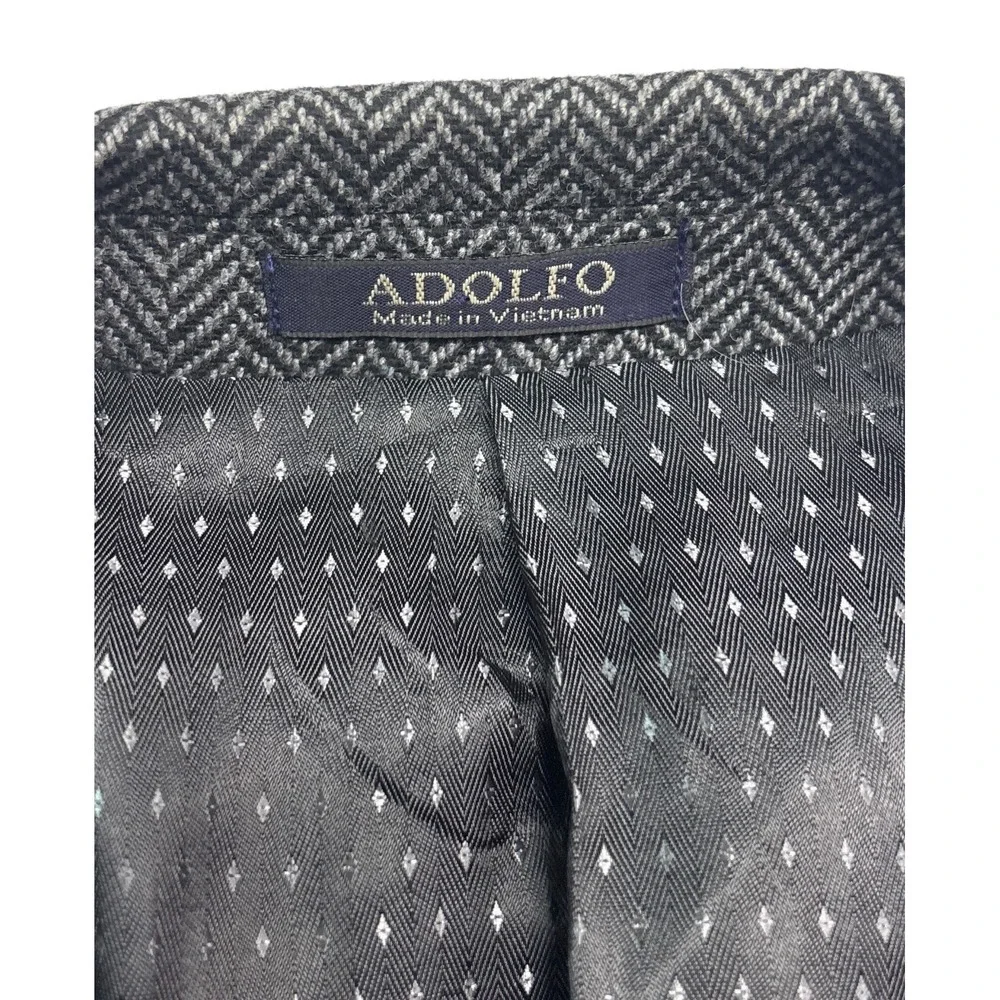 Adolfo 40S Gray Black Herringbone Tweed Lambswool Blazer Jacket Sport Suit Coat